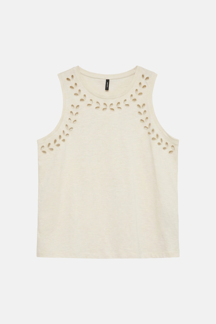 Haut sans manches écru de VERO MODA avec découpes décoratives en forme de feuille autour de l'encolure et des épaules.