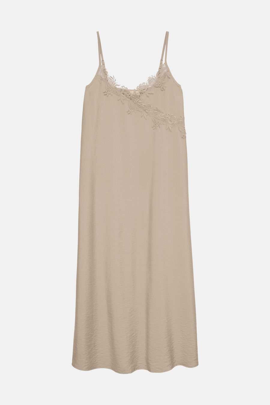 Robe nuisette beige de VERO MODA® avec détails en dentelle et fines bretelles spaghetti.