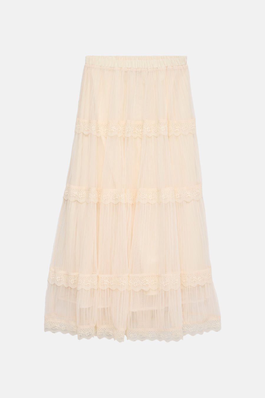 Jupe longue écru de VERO MODA®, avec détails en dentelle et une jupe en tulle superposée.