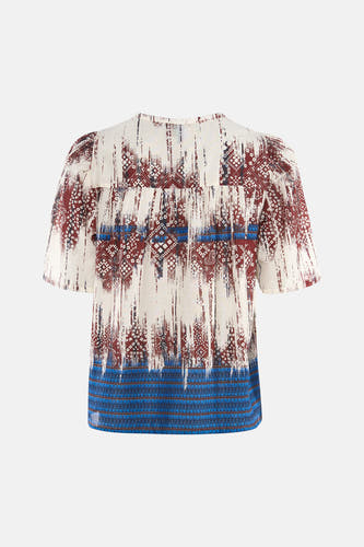 Chemisier multicolore à manches courtes de VERO MODA, dos, avec imprimé abstrait en blanc, brun-rouge et bleu.
