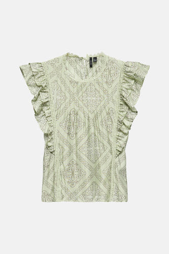 Chemisier vert à manches courtes de VERO MODA avec motif à carreaux, volants aux manches et bordures en dentelle.