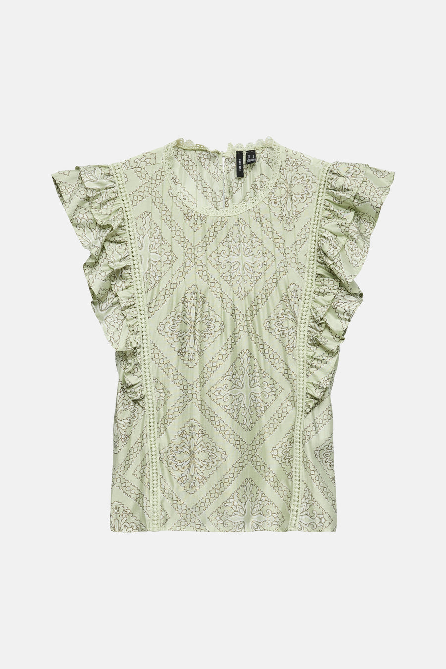 Chemisier vert à manches courtes de VERO MODA avec motif à carreaux, volants aux manches et bordures en dentelle.