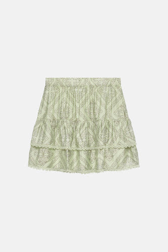 Jupe vert clair de VERO MODA® avec motif à pois marron de formes géométriques et cachemire, et un ourlet plissé.