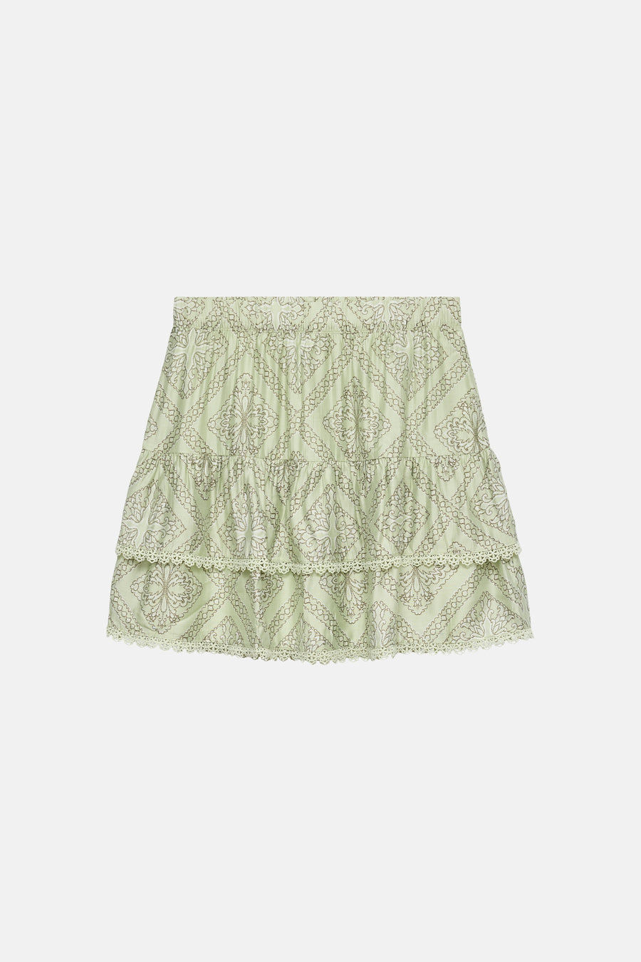 Jupe vert clair de VERO MODA® avec motif à pois marron de formes géométriques et cachemire, et un ourlet plissé.