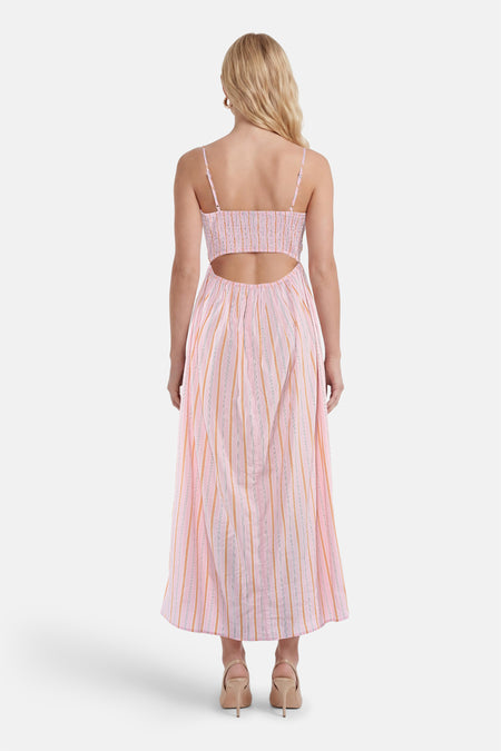 Roze mouwloos kleedje met verticale strepen van VERO MODA®, rugzicht met open rug en dunne bandjes, lichte stof, lange zoom