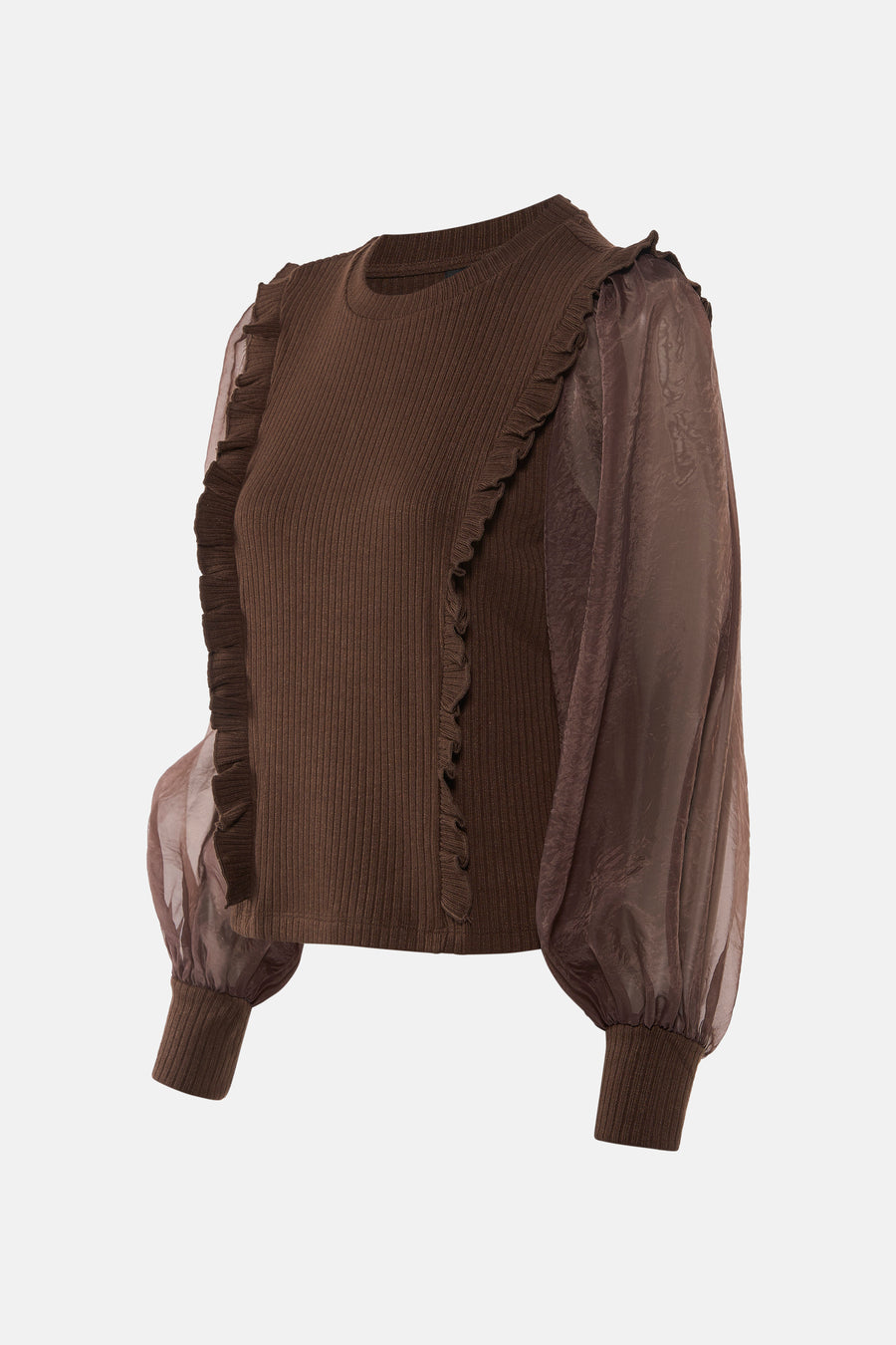 Blouse brune à longues manches de VERO MODA, terminée avec des plis devant et des manches poitrine transparentes.
