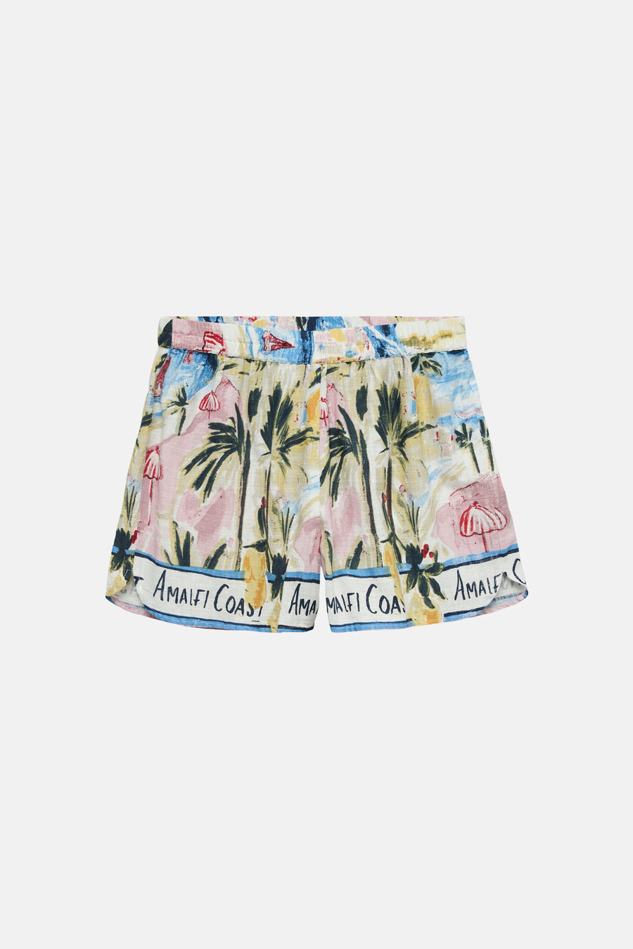 Description détaillée d'un short formel multicolore de VERO MODA® avec imprimé plage abstrait et texture visible.