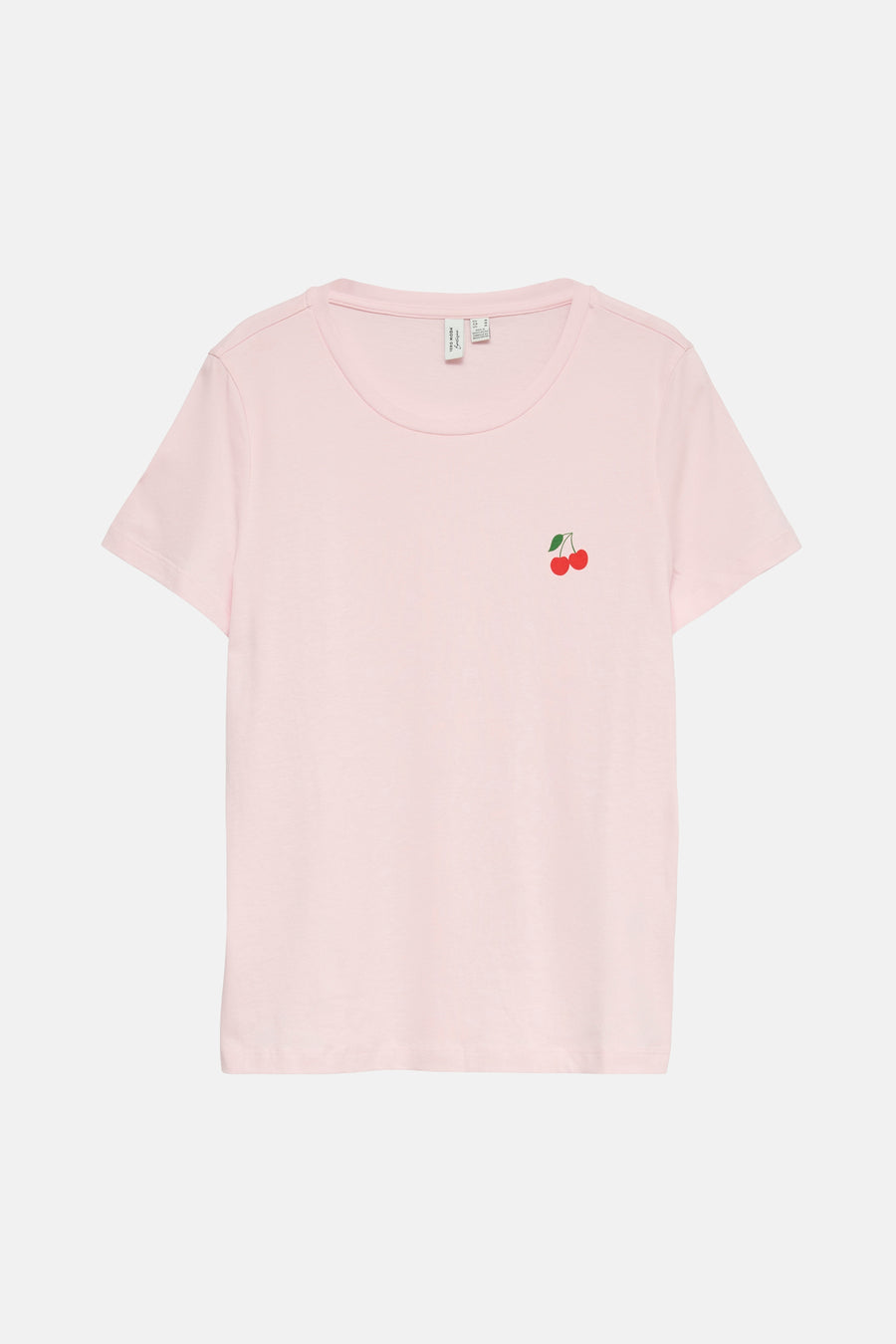 T-shirt rose à manches courtes de VERO MODA®, avec une application de cerise brodée sur la poitrine.