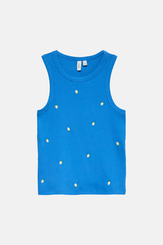 Débardeur bleu de VERO MODA, avec une structure côtelée et un imprimé de citrons.