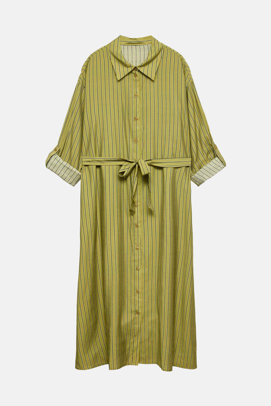 Robe jaune à manches courtes de Vero Moda, avec un motif à rayures verticales et une ceinture à nouer.