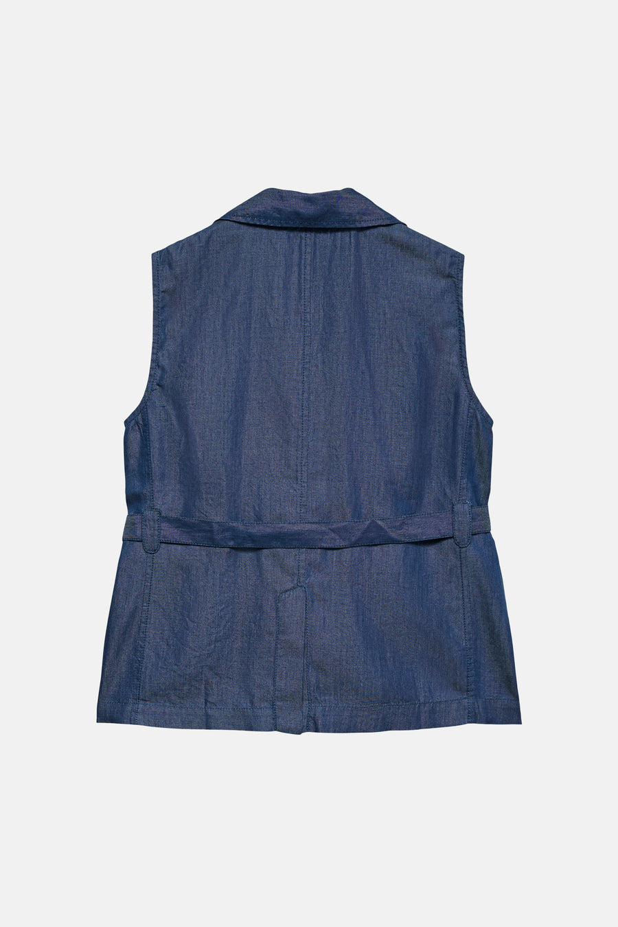 Donkerblauw denim gilet van VERO MODA®, met kraag en riem aan de achterkant.
