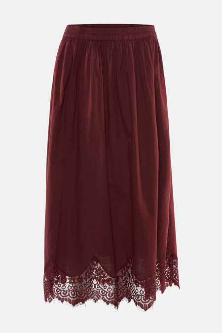 Jupe bordeaux de VERO MODA avec taille élastique et ourlet en dentelle.