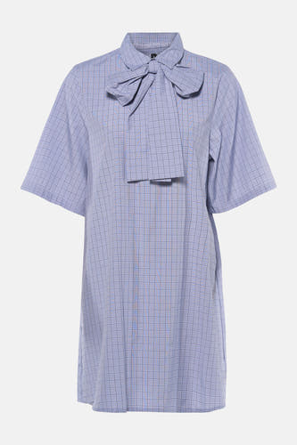 Blauw geruit kleedje met lange mouwen van VERO MODA®, voorzien van strik kraag en korte mouwen, front view
