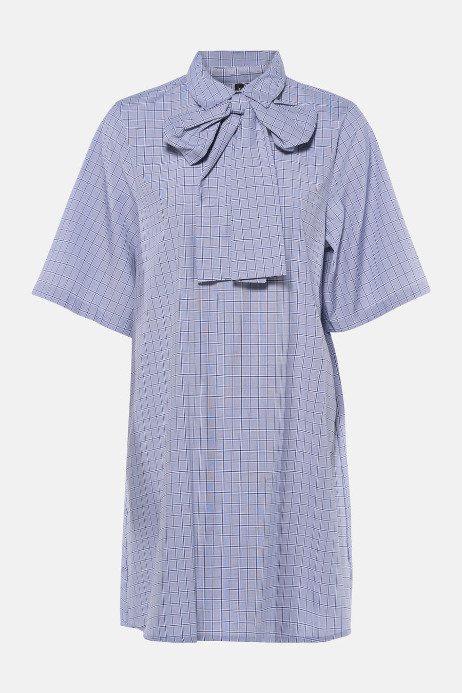 Blauw geruit kleedje met lange mouwen van VERO MODA®, voorzien van strik kraag en korte mouwen, front view