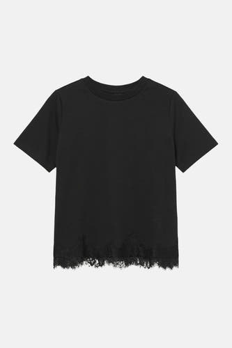 T-shirt noir à manches courtes, col rond et ourlet en dentelle de VERO MODA.