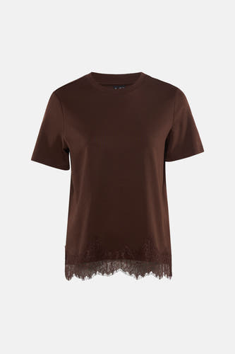 T-shirt marron à manches courtes de VERO MODA® avec bordure en dentelle sur le bas.