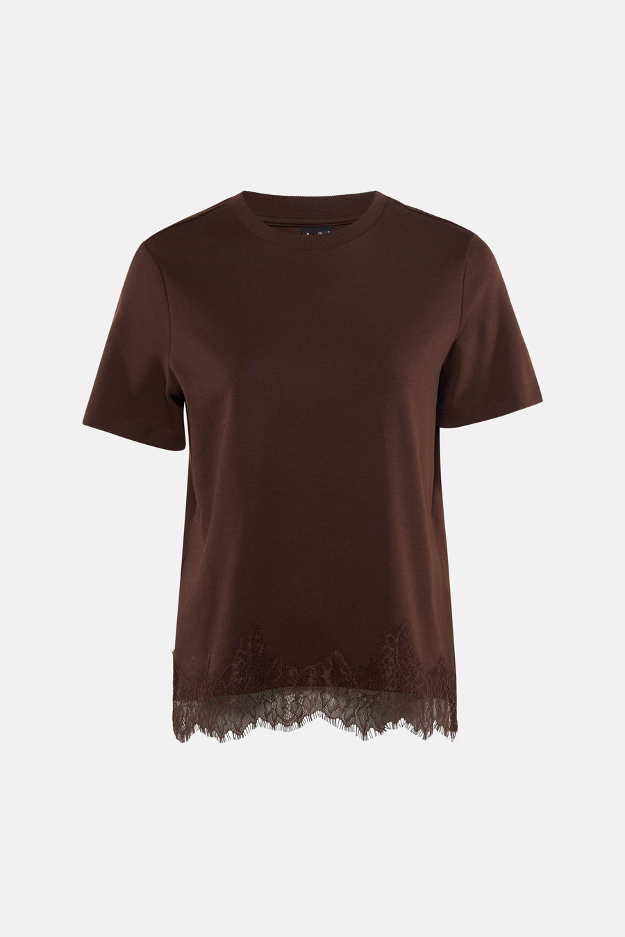 T-shirt marron à manches courtes de VERO MODA® avec bordure en dentelle sur le bas.