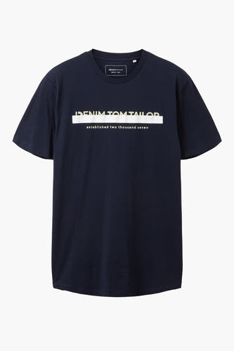 T-shirt bleu de TOM TAILOR avec manches courtes et impression blanche sur la poitrine.