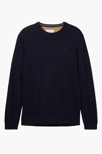 T-shirt bleu avec col rond de TOM TAILOR, doté d'un logo subtil sur la poitrine.
