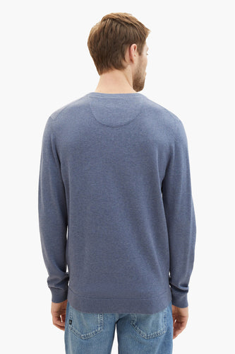 Blauwe sweater, achterkant, man.
