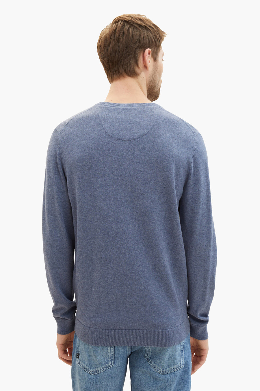 Blauwe sweater, achterkant, man.
