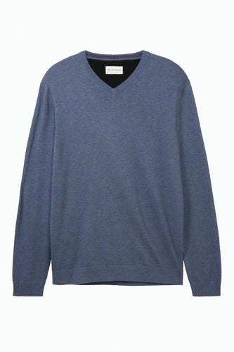 Blauw gebreide trui met V-hals en Tom Tailor-label.
