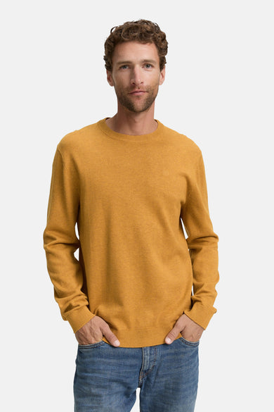 Sweat-shirt TOM TAILOR à col rond, avec une fine texture et des manches longues, associé à un jean bleu.