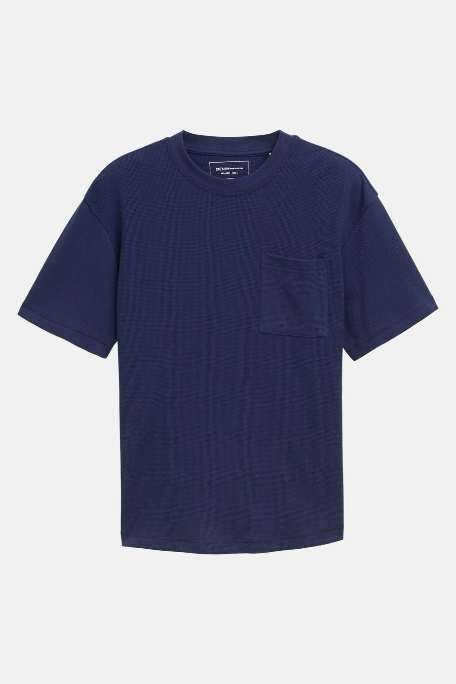 T-shirt bleu à manches courtes de Tom Tailor, avec une poche poitr et et un texture texture texture.