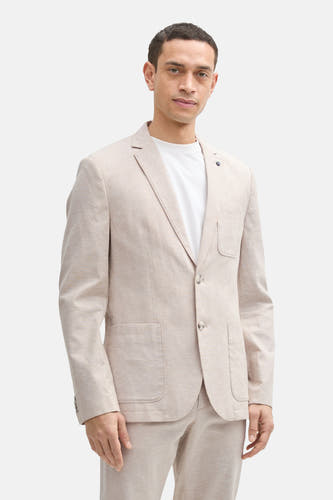 Blazer beige de TOM TAILOR, avec des manches longues, deux boutons et des poches brodées.