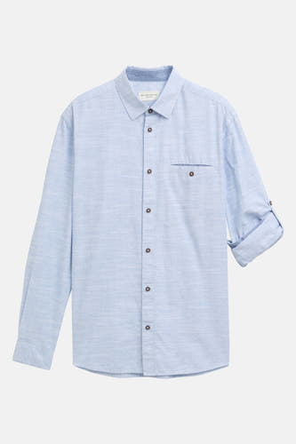 Chemise bleue à manches longues de TOM TAILOR, avec fines rayures, poche poitrine et manches retroussées.