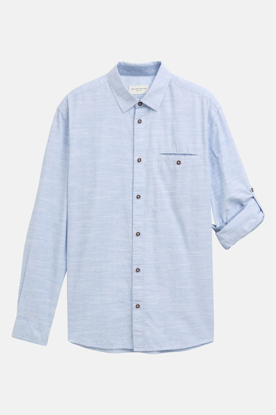 Chemise bleue à manches longues de TOM TAILOR, avec fines rayures, poche poitrine et manches retroussées.