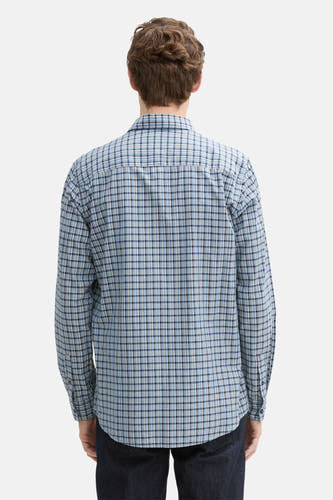 Blauw overhemd met lange mouwen van TOM TAILOR, met een geruit patroon en knoopsluiting, achterkant.
