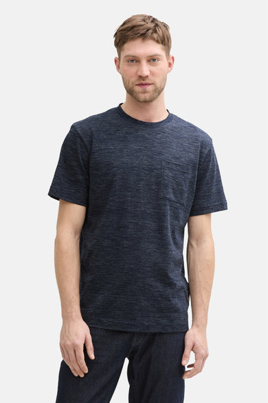 T-shirt bleu à manches courtes de TOM TAILOR, vu par derrière avec un motif délicatement mélangé.