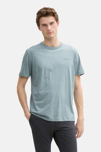 T-shirt bleu à manches courtes de TOM TAILOR, vu par derrière, porté avec un pantalon foncé.