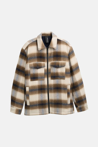 Manteau court brun de TOM TAILOR avec motif à carreaux, deux poches po torse et une fermeture éclair.