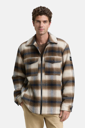 Manteau court brun de TOM TAILOR, avec un motif à carreaux et des poches sur la poitrine.