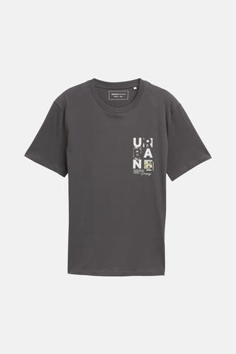 T-shirt gris à manches courtes de Tom Tailor, avec une impression urbaine graphique sur la poitrine.