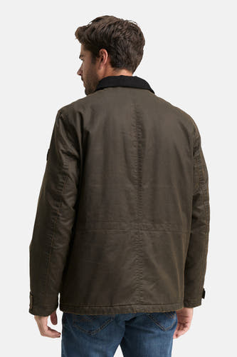 Manteau brun court de TOM TAILOR, vu de l'arrière avec un tissu uni et une collet noire.