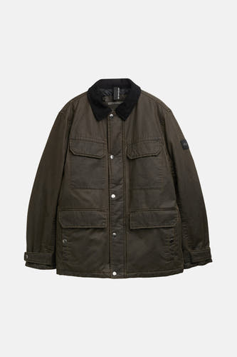 Manteau court brun de TOM TAILOR avec col en corduroy, poches à rabat et boutons argentés.