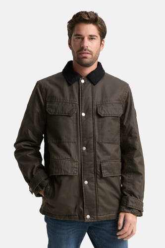 Manteau court brun de TOM TAILOR, avec quatre poches et un col en corduroy noir.