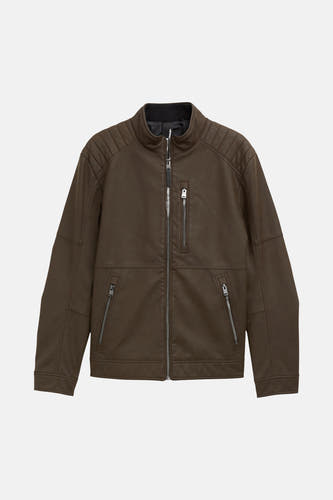 Blouson en similicuir marron de TOM TAILOR, avec surpiqûres et plis subtils dans le matériau.