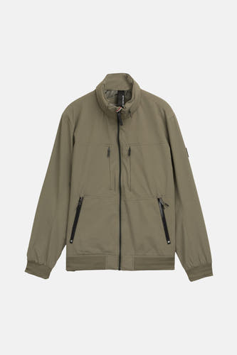 Veste courte verte de TOM TAILOR, avec des poches à fermeture éclair et des manchettes côtelées, sur un fond blanc.