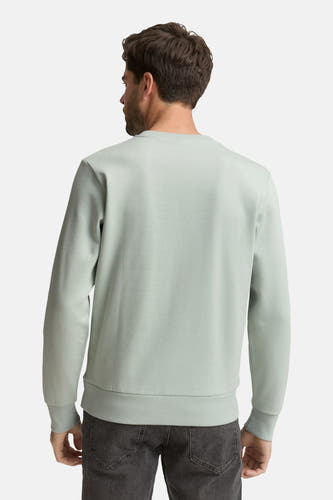Pull vert à col rond de TOM TAILOR, vu de dos, combiné avec un jean gris.