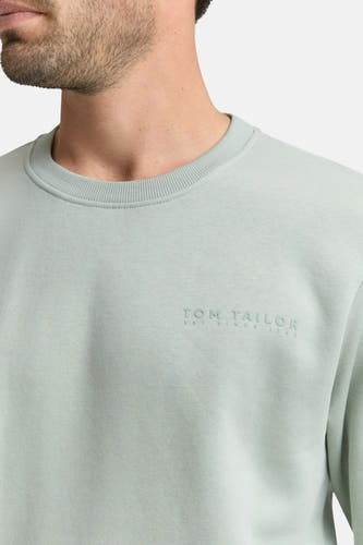 Pull vert à col rond de TOM TAILOR, avec un imprimé discret du nom de la marque sur la poitrine.
