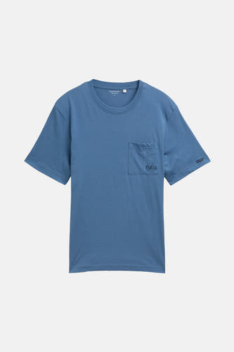 T-shirt bleu à manches courtes de TOM TAILOR, avec poche devant et imprimé "1962".