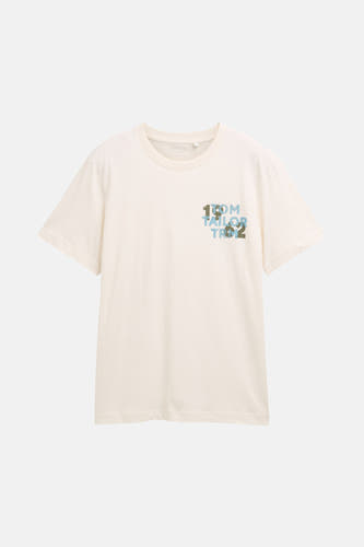 T-shirt écru à manches courtes de TOM TAILOR, avec une petite impression textuelle sur la poitrine.