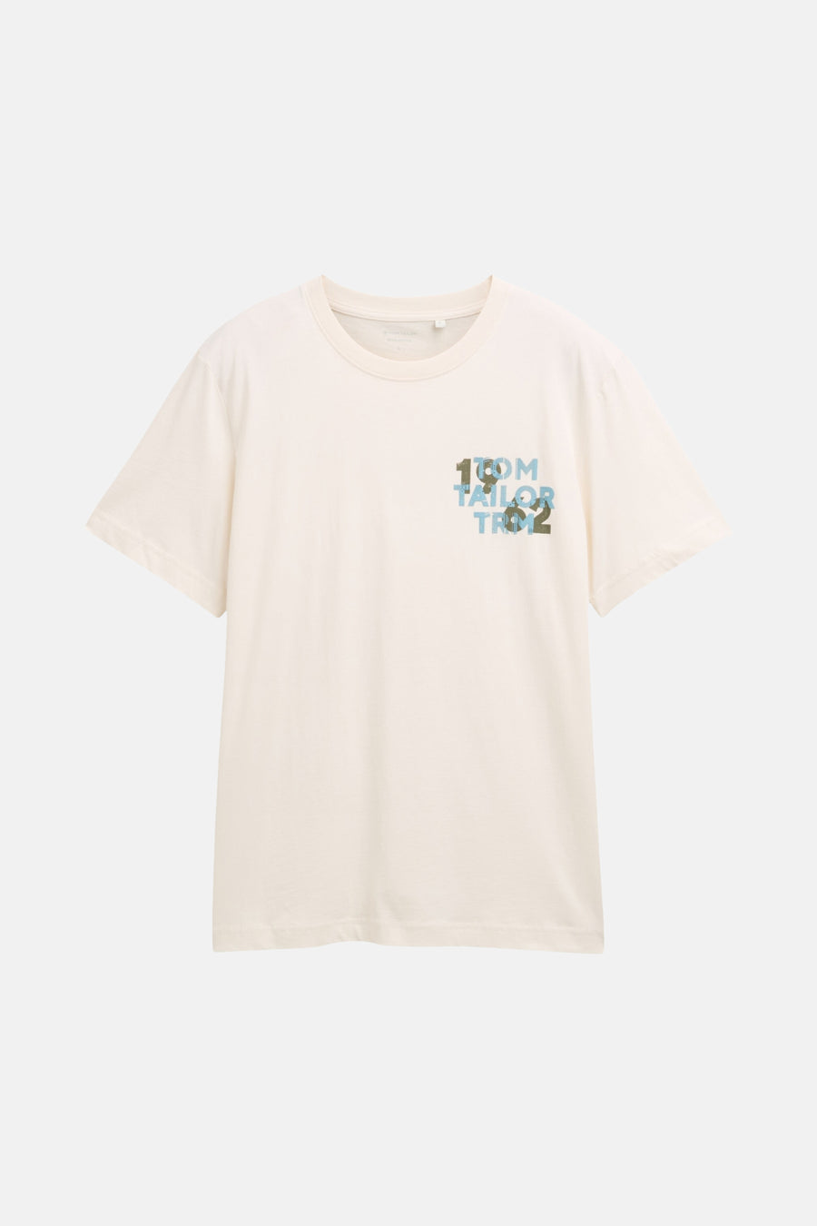 T-shirt écru à manches courtes de TOM TAILOR, avec une petite impression textuelle sur la poitrine.