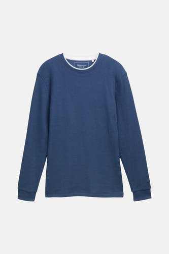 T-shirt bleu avec col rond de TOM TAILOR, en tissu côtelé et col blanc.