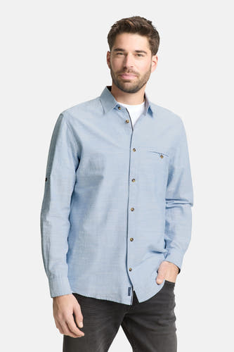 Chemise bleue à manches longues TOM TAILOR, vue arrière avec boutons sur le col et les poignets.