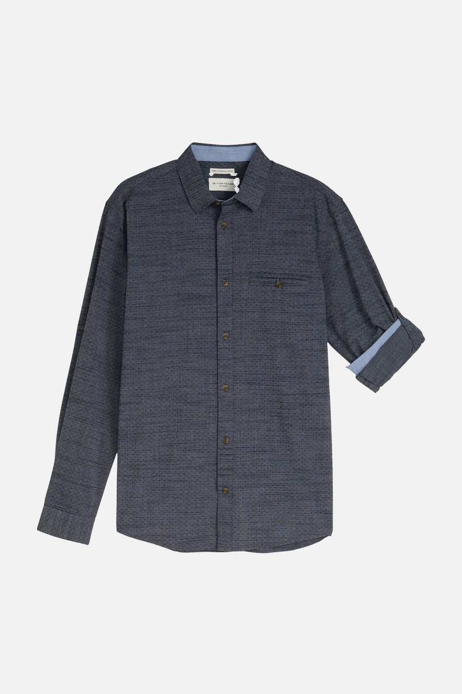 Chemise bleue à manches longues TOM TAILOR, avec un motif tissé subtil et des manches retroussées.